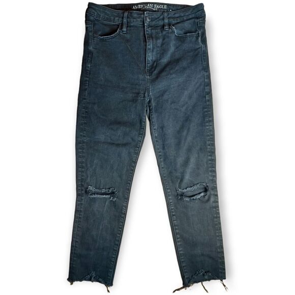 AE Super High Rise Black Distressed Cropped Jegging Size 10 - Picture 1 of 7